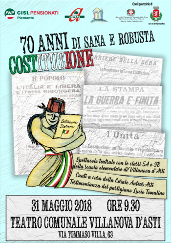 70 anni di sana e robusta Costituzione: il 31 maggio spettacolo teatrale a Villanova d’Asti