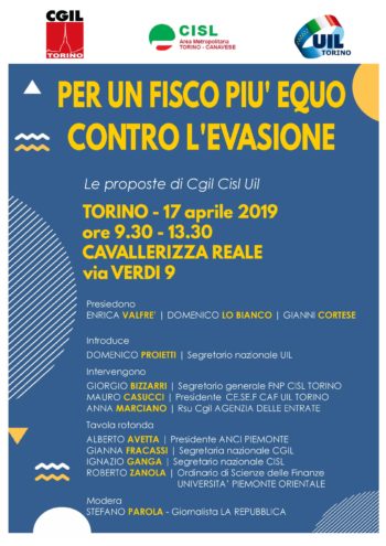“Per un fisco più equo, contro l’evasione”: mercoledì 17 il convegno di Cgil Cisl Uil Torino